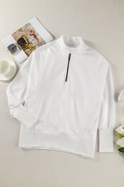 Half Zip Pocketed Dropped Shoulder Sweatshirt - Charming Charlie