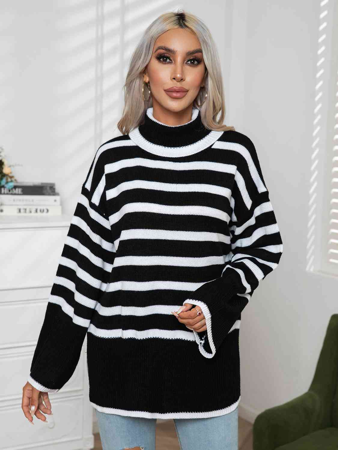 Striped Slit Turtleneck Drop Shoulder Sweater - Charming Charlie