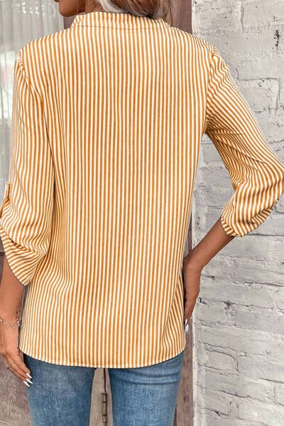 Striped Notched Roll-Tab Sleeve Shirt - Charming Charlie