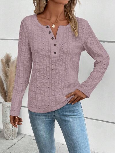 Openwork Half Button Long Sleeve Blouse - Charming Charlie