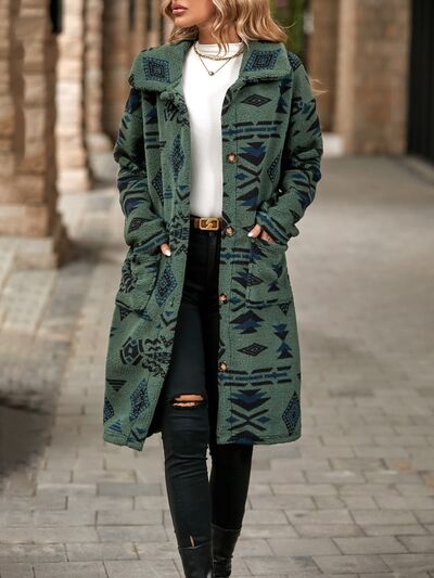 Geometric Pocketed Dropped Shoulder Coat - Charming Charlie