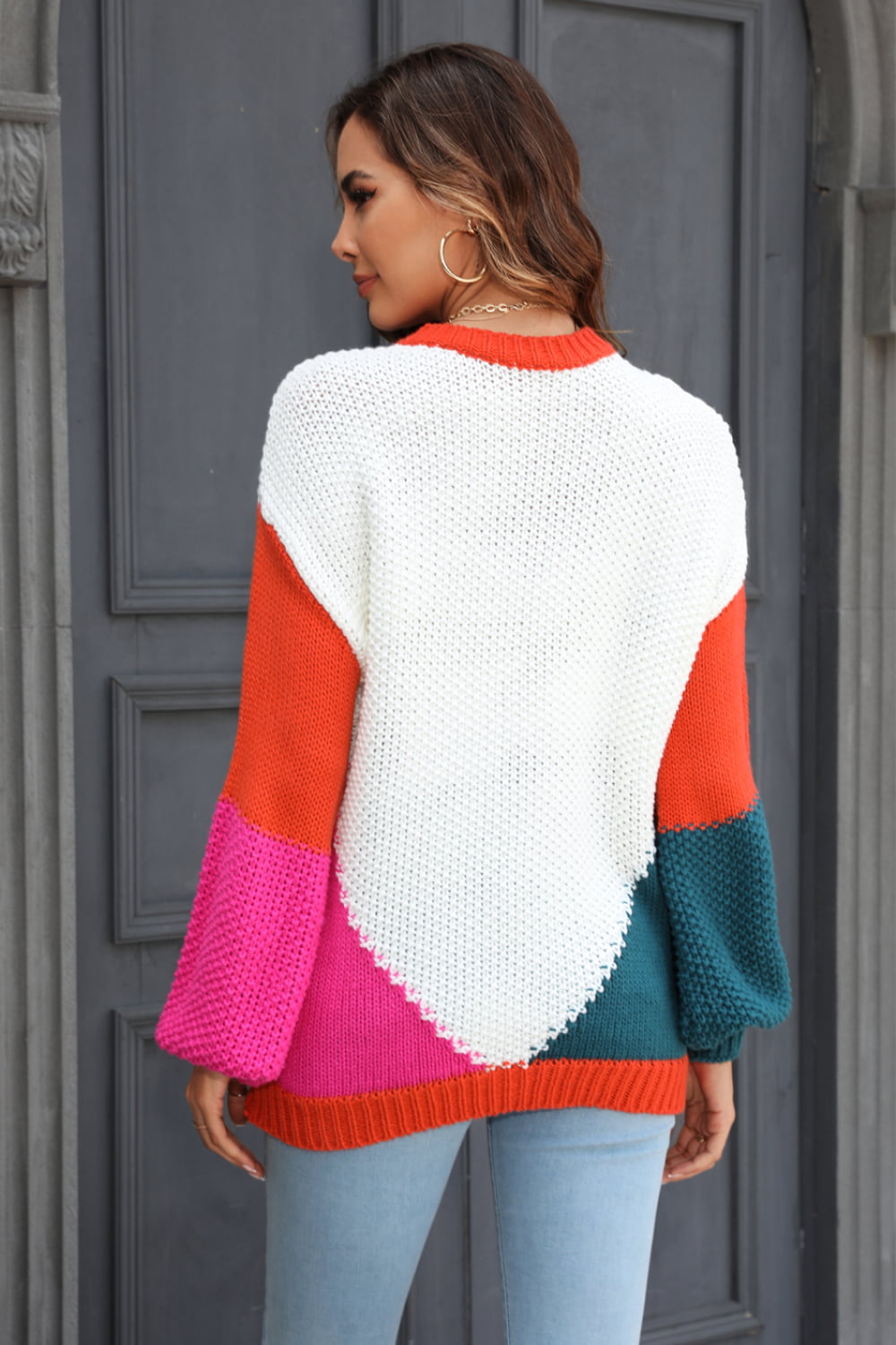 Double Take Color Block Round Neck Drop Shoulder Sweater - Charming Charlie