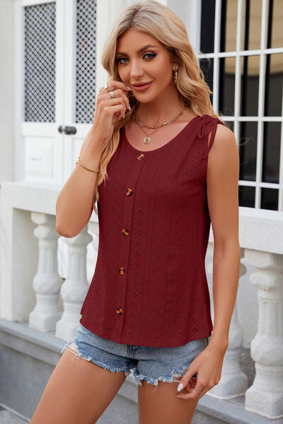 Eyelet Round Neck Wide Strap Tank - Charming Charlie