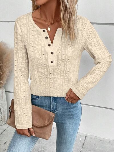 Openwork Half Button Long Sleeve Blouse - Charming Charlie
