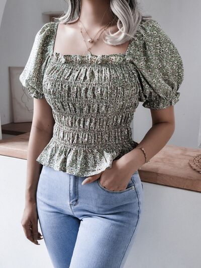 Frill Smocked Square Neck Short Sleeve Blouse - Charming Charlie