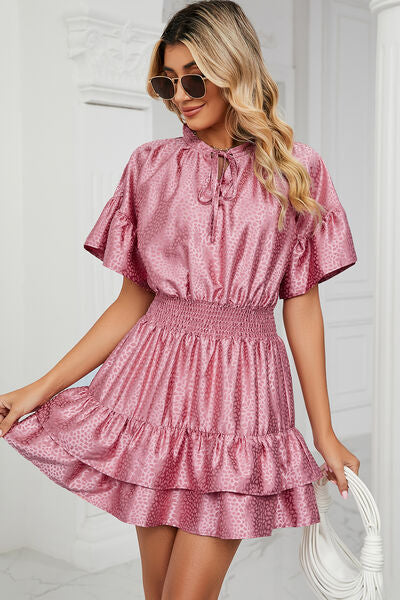 Smocked Tie Neck Flounce Sleeve Dress - Charming Charlie