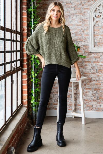 Veveret Round Neck Roll-Up Sweater - Charming Charlie