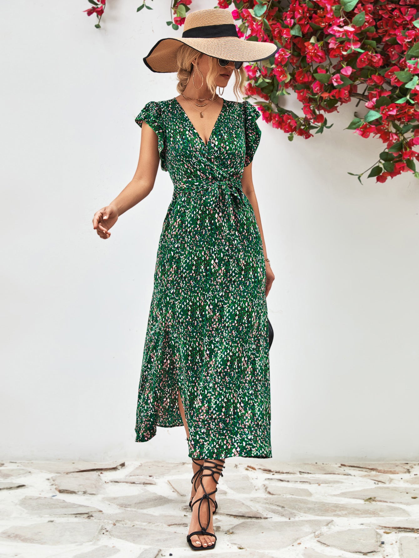 Printed Surplice Neck Flutter Sleeve Slit Dress - Charming Charlie