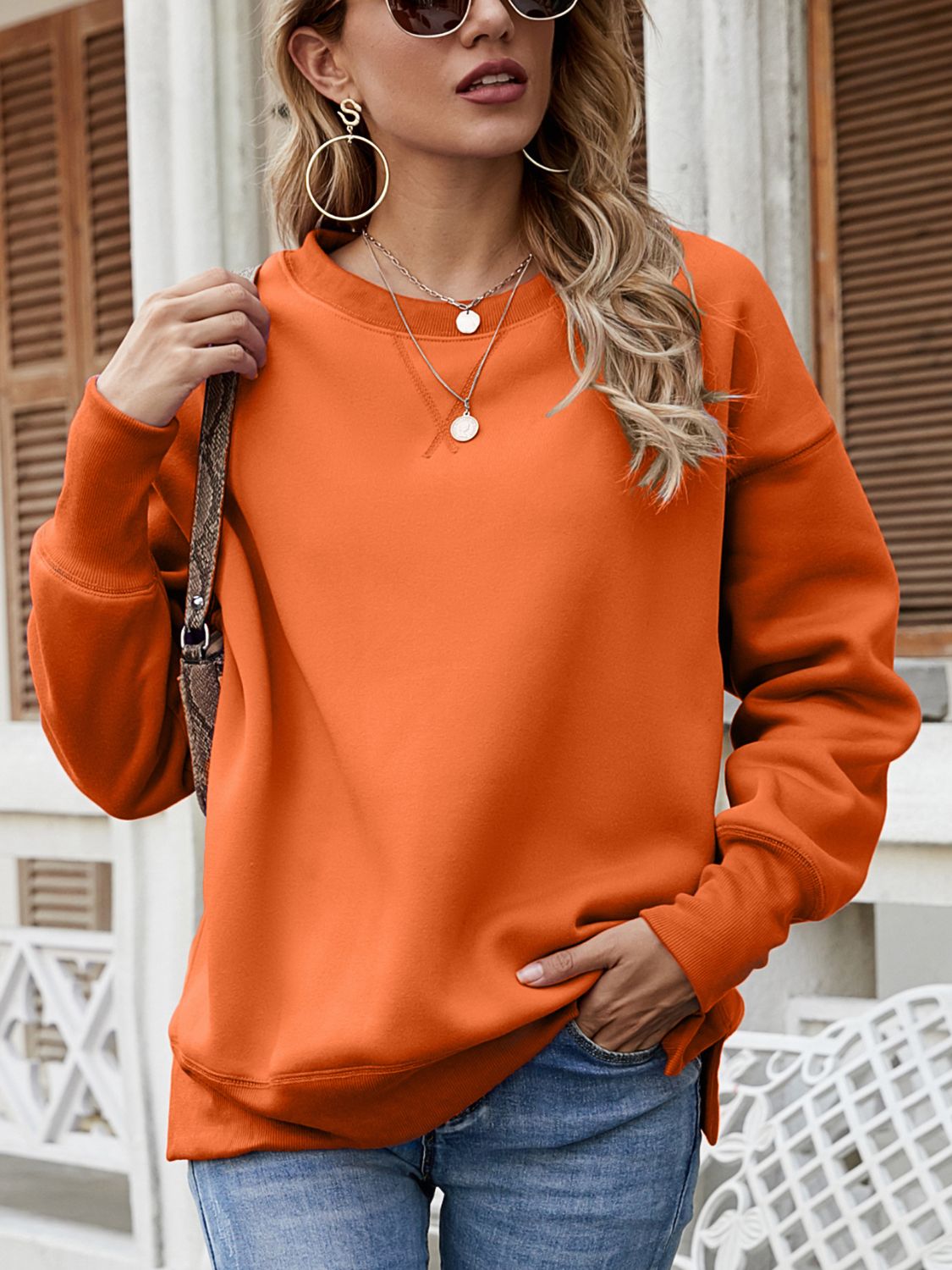 Dropped Shoulder Slit Sweatshirt - Charming Charlie
