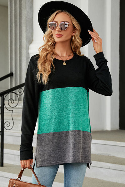 Color Block Round Neck Long Sleeve T-Shirt - Charming Charlie