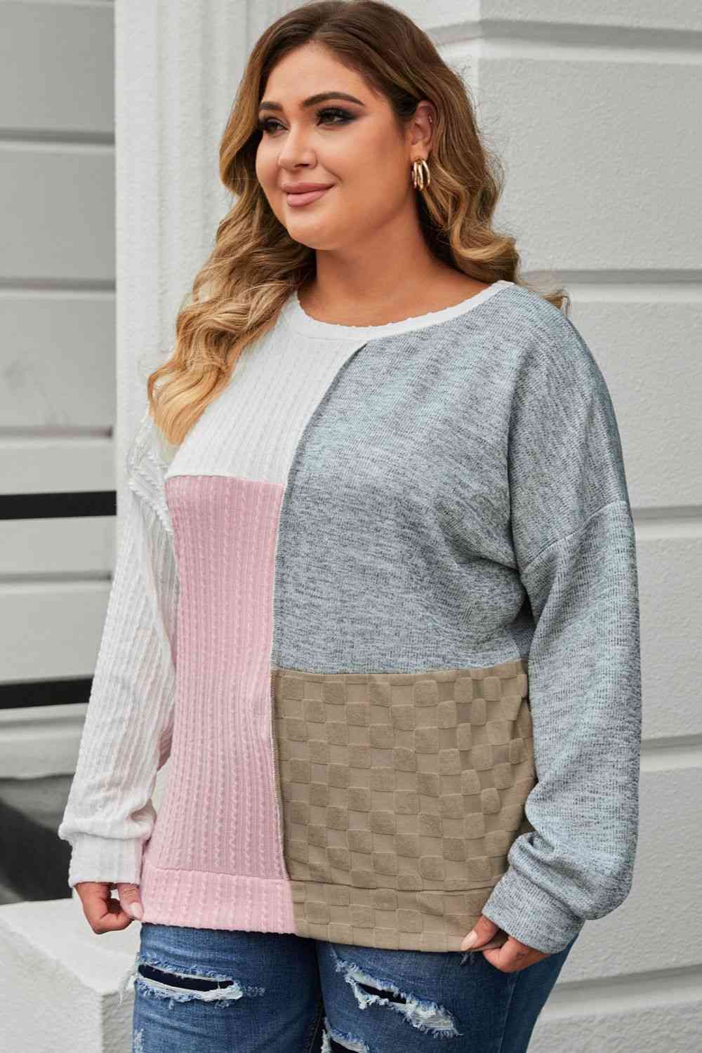 Plus Size Long Sleeve Color Block Top - Charming Charlie