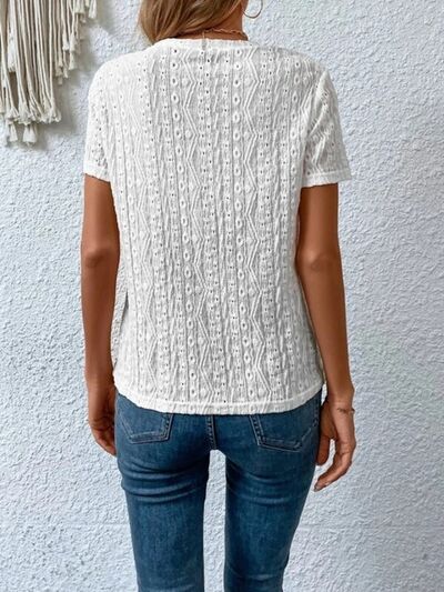 Eyelet Round Neck Short Sleeve T-Shirt - Charming Charlie