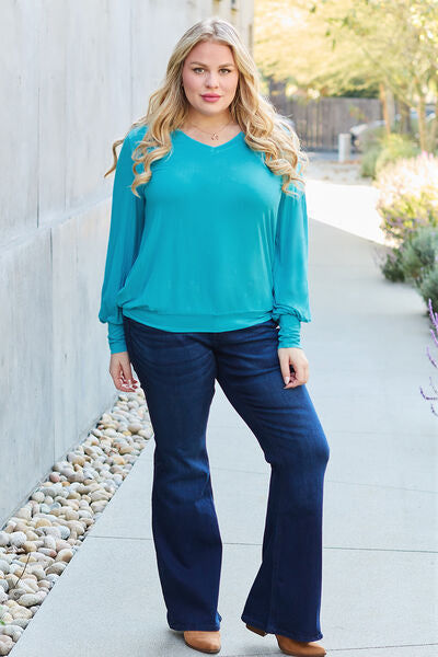 Basic Bae Full Size V-Neck Lantern Sleeve Blouse - Charming Charlie
