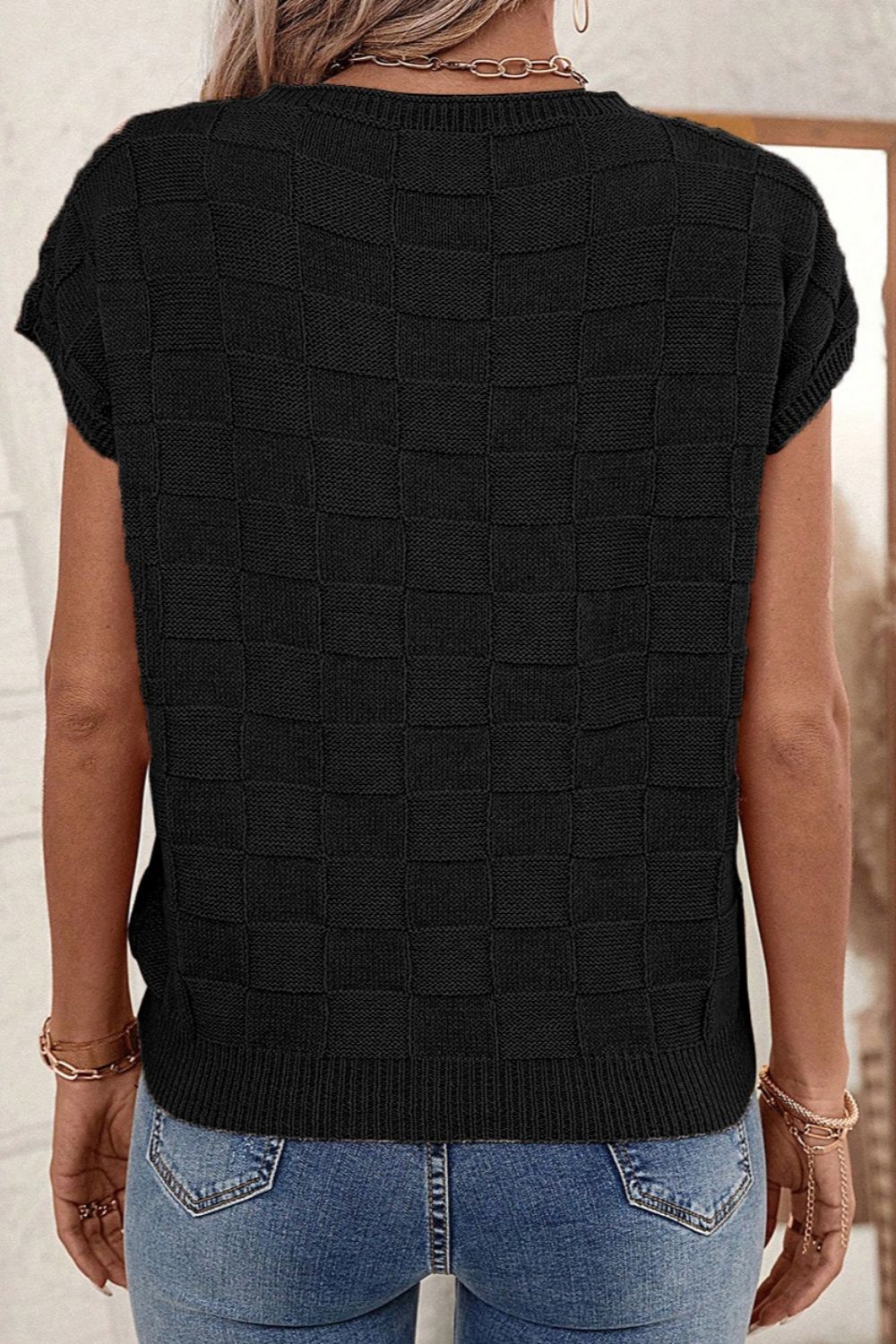Pocketed Checkered Round Neck Knit Top - Charming Charlie