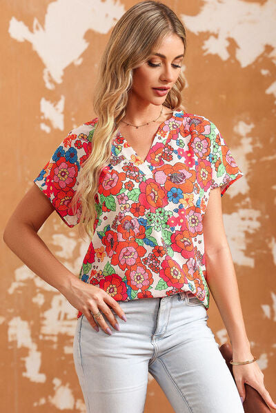 Printed Notched Short Sleeve Blouse - Charming Charlie