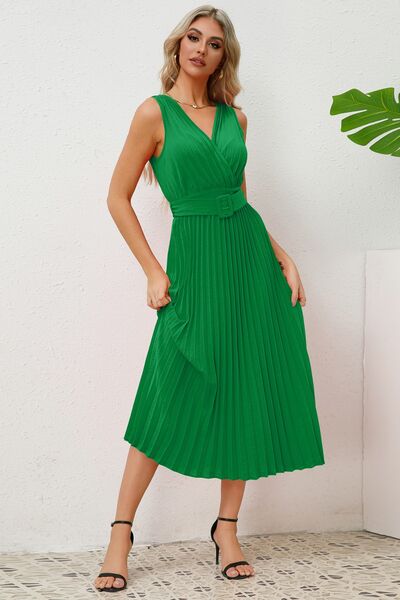 Surplice Sleeveless Midi Pleated Dress - Charming Charlie