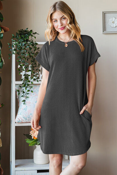 Heimish Full Size Ribbed Round Neck Short Sleeve Tee Dress - Charming Charlie