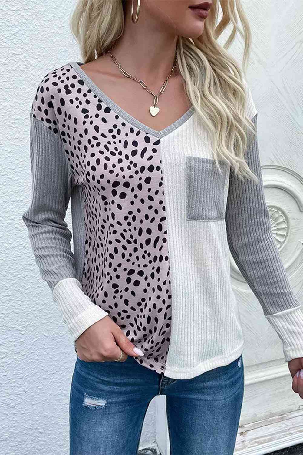 Color Block V-Neck Ribbed Top with Pocket - Charming Charlie