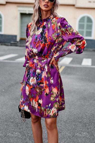 Printed Tie Waist Mock Neck Lantern Sleeve Dress - Charming Charlie