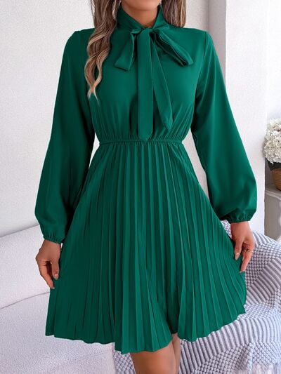 Tie Neck Balloon Sleeve Pleated Dress - Charming Charlie