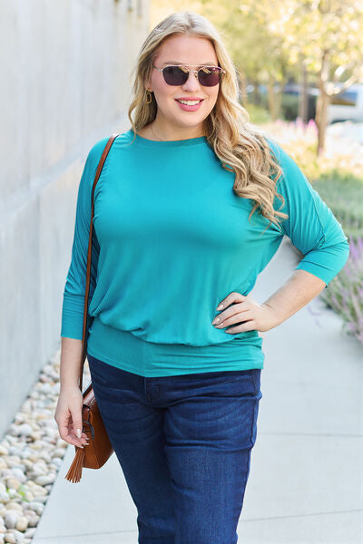 Basic Bae Full Size Round Neck Batwing Sleeve Blouse - Charming Charlie
