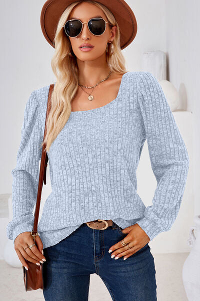 Ribbed Square Neck Long Sleeve T-Shirt - Charming Charlie