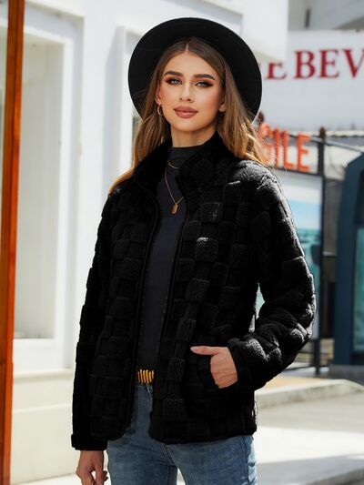 Fuzzy Checkered Zip Up Jacket - Charming Charlie