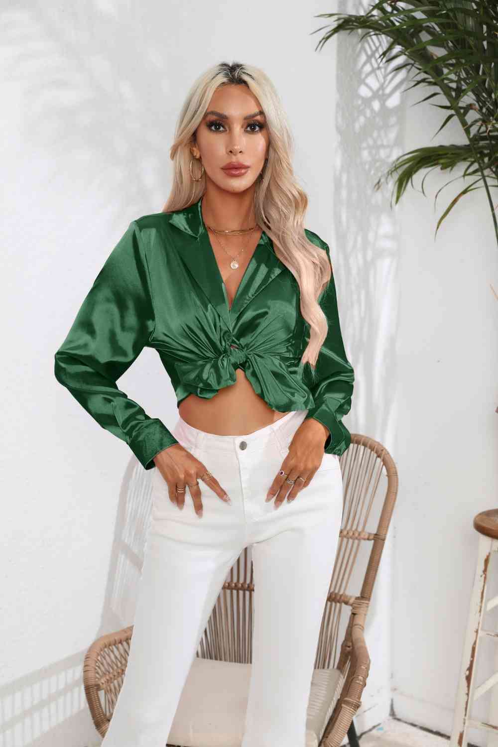 Lapel Collar Button Up Long Sleeve Shirt - Charming Charlie