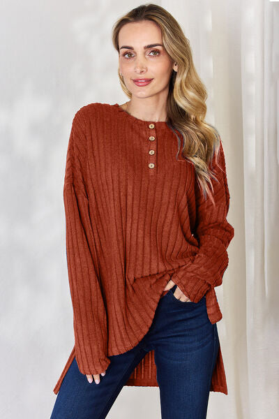 Basic Bae Full Size Ribbed Half Button Long Sleeve High-Low T-Shirt - Charming Charlie