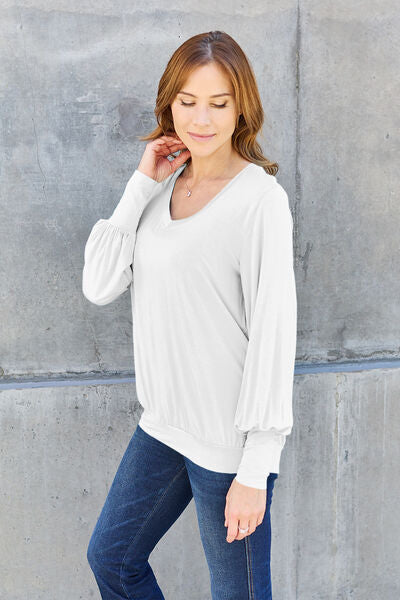 Basic Bae Full Size V-Neck Lantern Sleeve Blouse - Charming Charlie