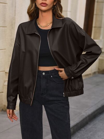 Pocketed Zip Up Collared Neck Jacket - Charming Charlie