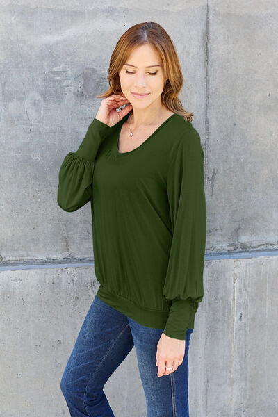 Basic Bae Full Size V-Neck Lantern Sleeve Blouse - Charming Charlie