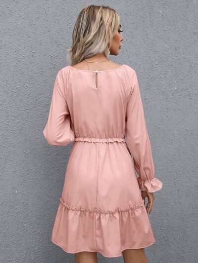 Frill V-Neck Flounce Sleeve Ruffle Hem Dress - Charming Charlie