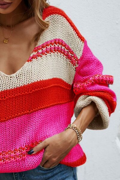 Color Block V-Neck Dropped Shoulder Sweater - Charming Charlie
