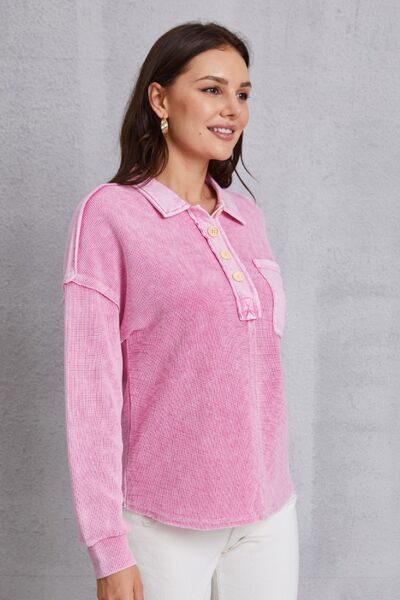 Quarter Button Dropped Shoulder Sweatshirt - Charming Charlie