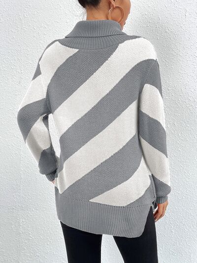 Striped Turtleneck Dropped Shoulder Sweater - Charming Charlie