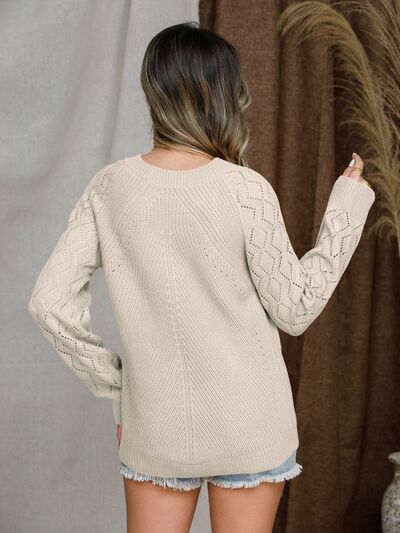 Openwork Round Neck Raglan Sleeve Sweater - Charming Charlie