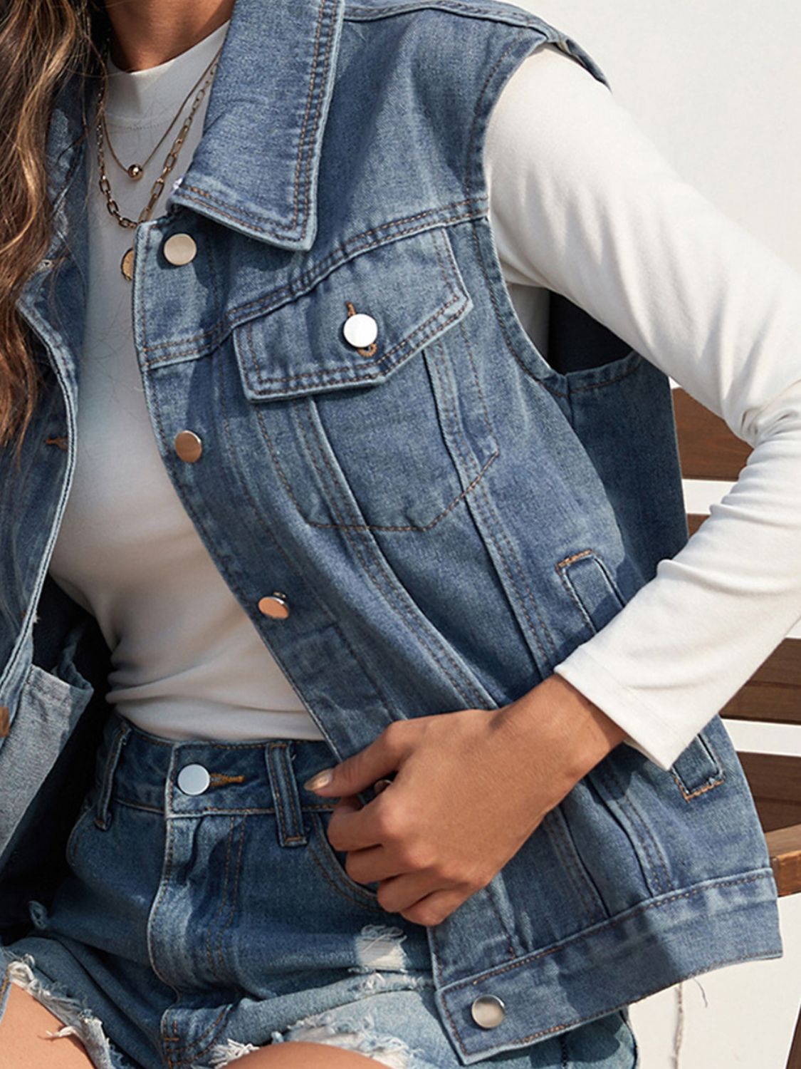 Collared Neck Sleeveless Denim Jacket - Charming Charlie