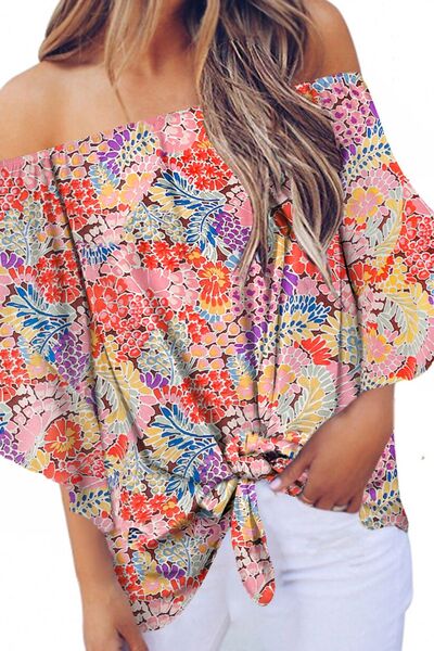 Tied Printed Off-Shoulder Half Sleeve Blouse - Charming Charlie