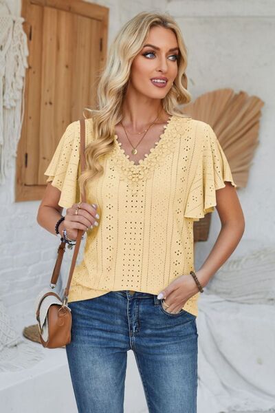 Eyelet Applique V-Neck Cap Sleeve T-Shirt - Charming Charlie