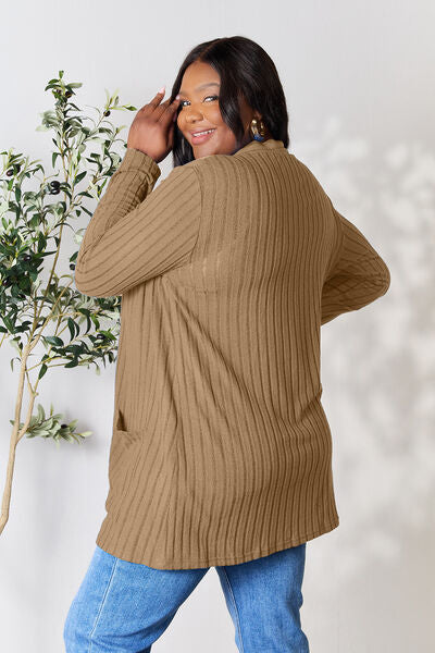 Basic Bae Full Size Ribbed Open Front Cardigan with Pockets - Charming Charlie