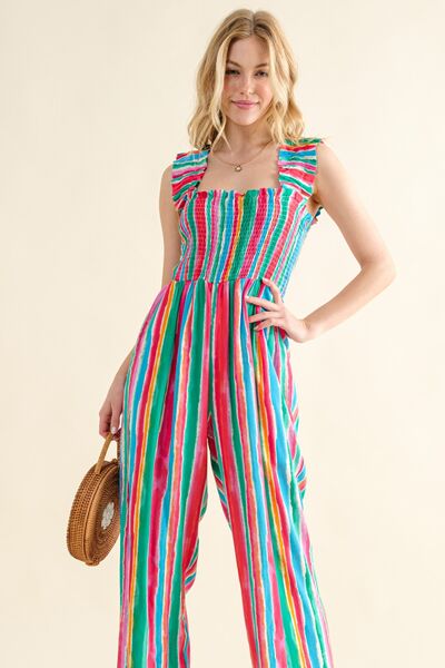 And The Why Full Size Striped Smocked Sleeveless Jumpsuit - Charming Charlie