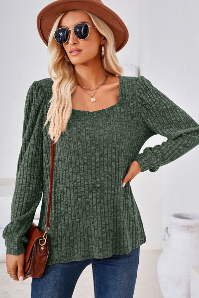 Ribbed Square Neck Long Sleeve T-Shirt - Charming Charlie