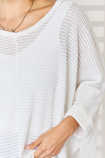 Zenana Full Size Waffle Knit V-Neck Long Sleeve Slit Top - Charming Charlie