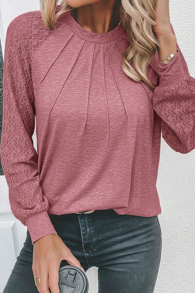 Heathered Round Neck Long Sleeve T-Shirt - Charming Charlie