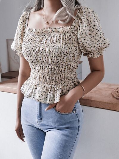 Frill Smocked Square Neck Short Sleeve Blouse - Charming Charlie