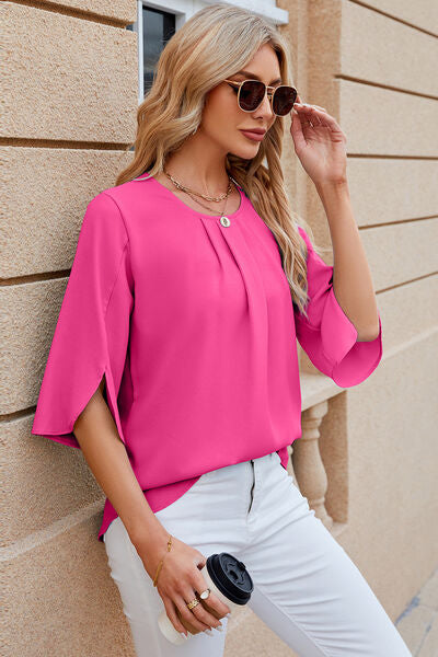 Round Neck Slit Half Sleeve Top - Charming Charlie
