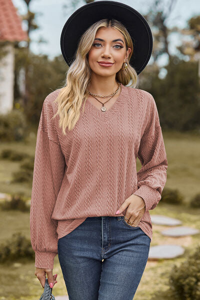 Textured V-Neck Dropped Shoulder T-Shirt - Charming Charlie