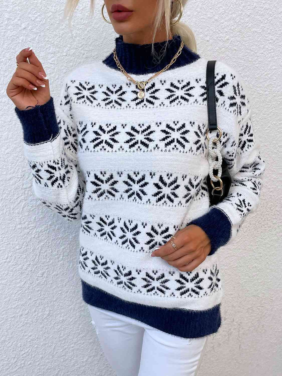 Snowflake Pattern Mock Neck Sweater - Charming Charlie