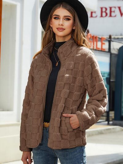 Fuzzy Checkered Zip Up Jacket - Charming Charlie